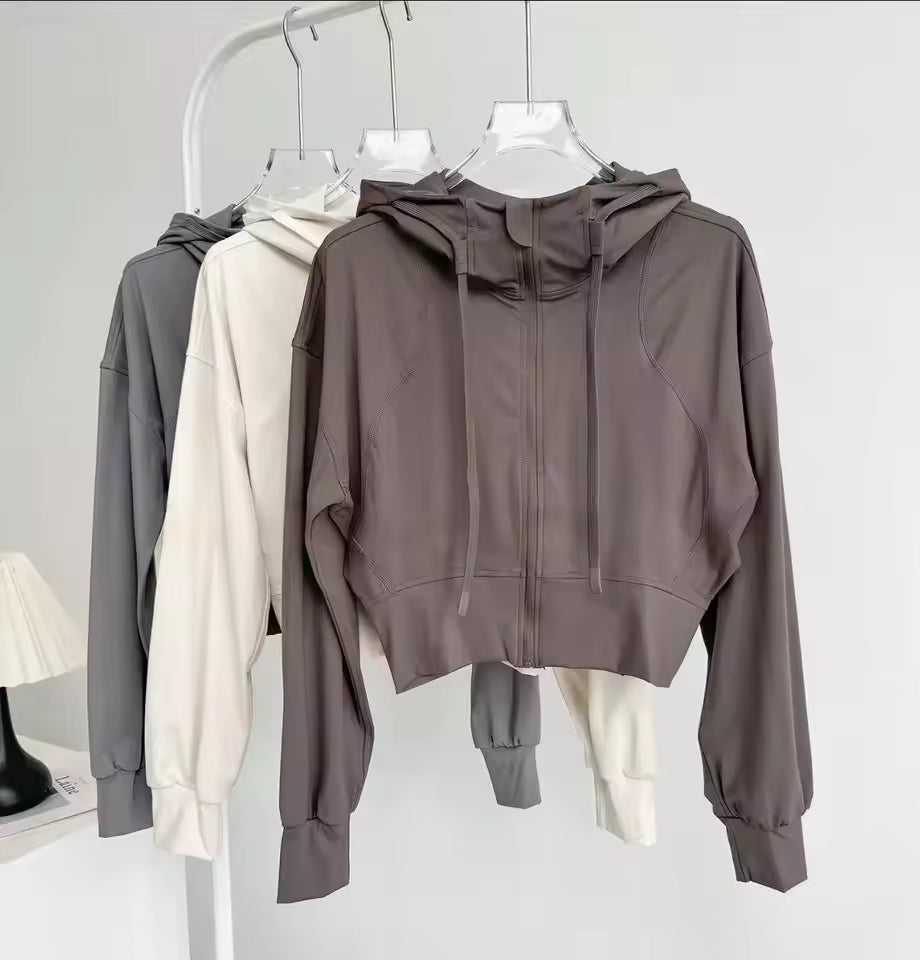 Women's Short Hooded Sports Jacket, Waist-Cinching Slimming Design, Zip-Up Cardigan Long-Sleeve Top Yoga and Fitness Wear Jacket